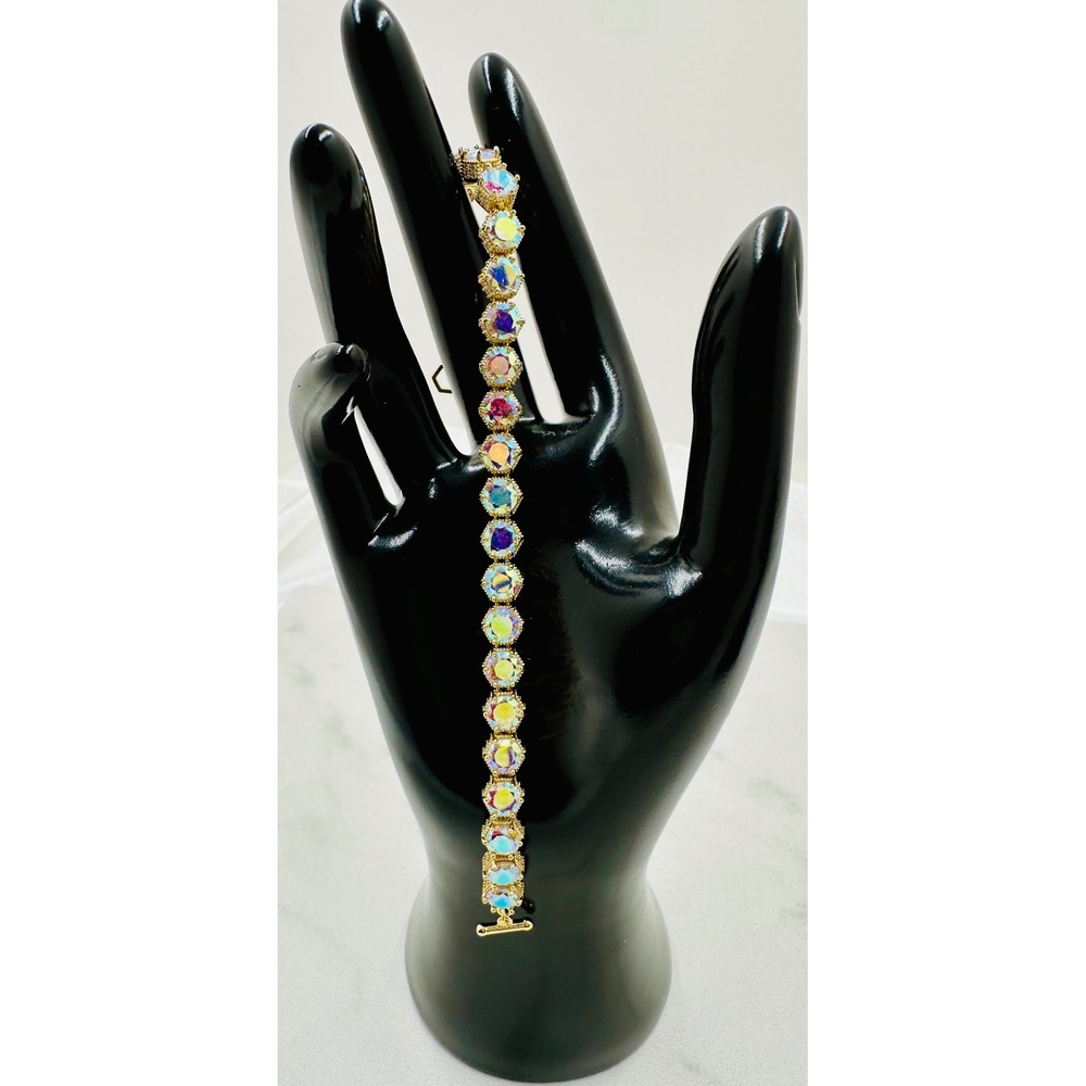 Rare Limited Edition Park Lane Gold Tone Aurora Borealis Toggle Tennis Bracelet - Picture 10 of 12